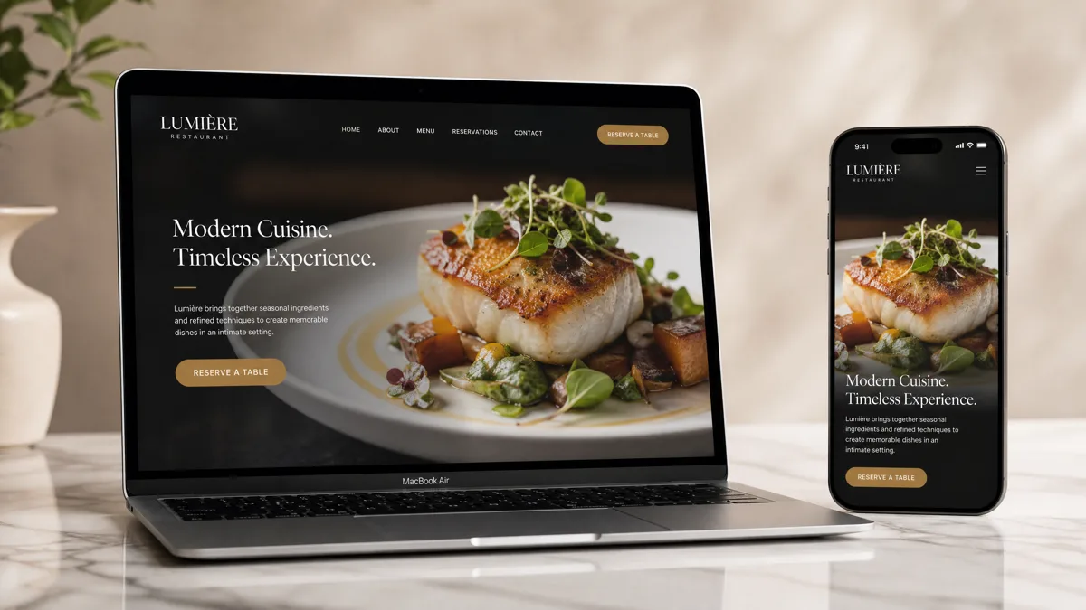 Example of a free restaurant website built by Appyone, shown on a laptop and mobile phone